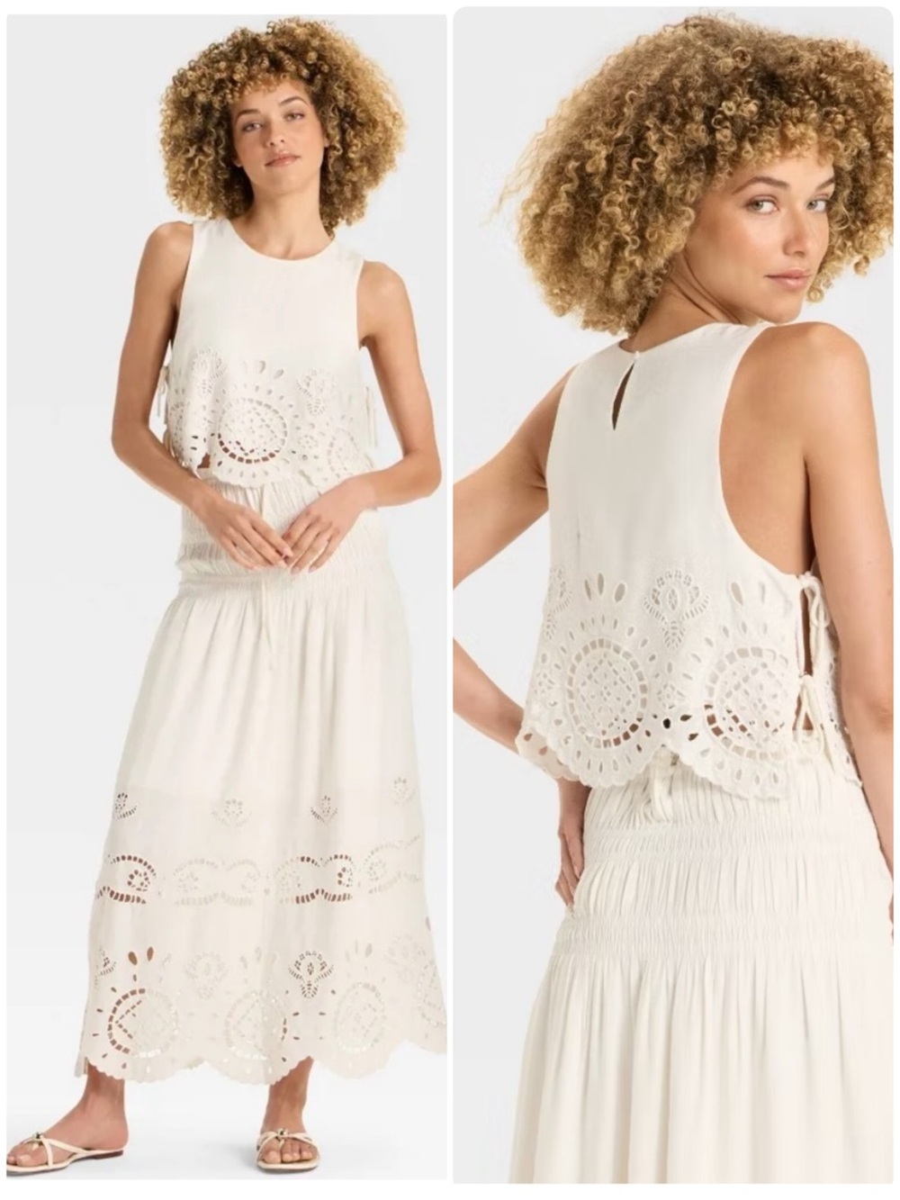 Future Collective Embroidered Eyelet Side Tie Tank Top White Scalloped Hem Large
